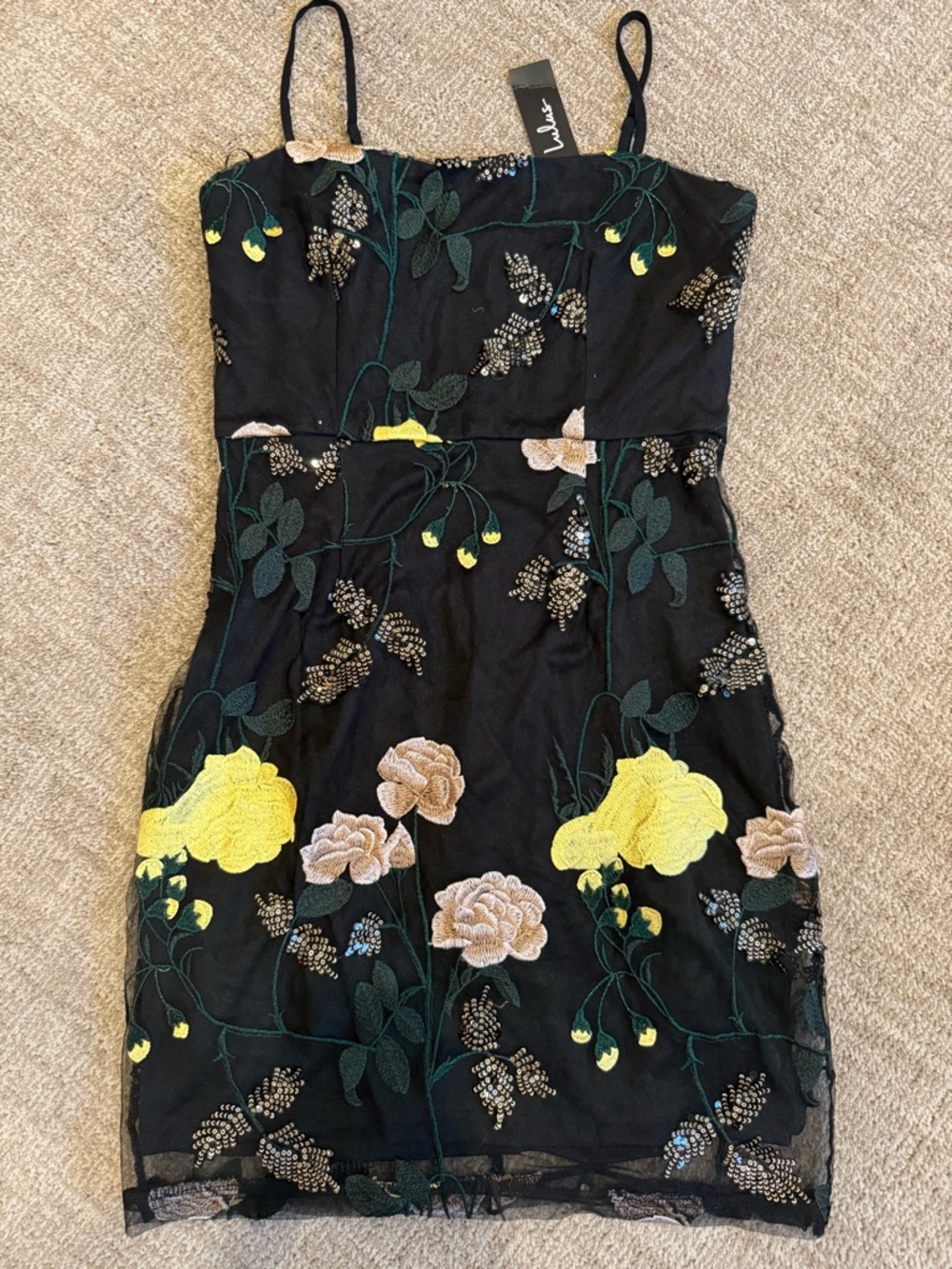 Lulu’s Embroidered Black Floral Slip Dress with Yellow Accents